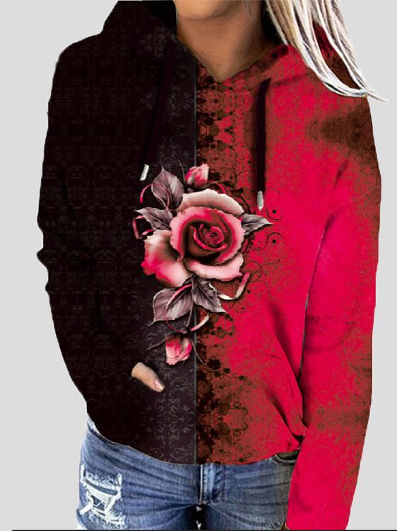 Frauen Kapuzenpullis Rose Blume Druck Zwei-Farben Langarm Hoodie
